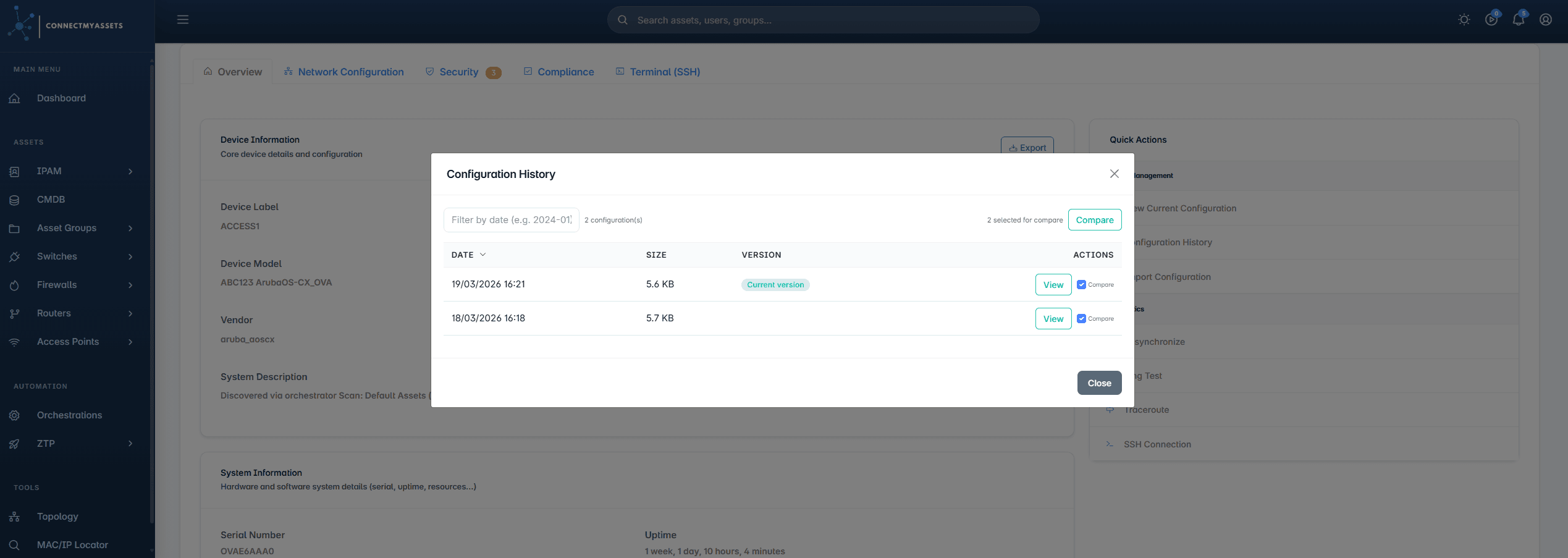ConnectMyAssets, configuration version history