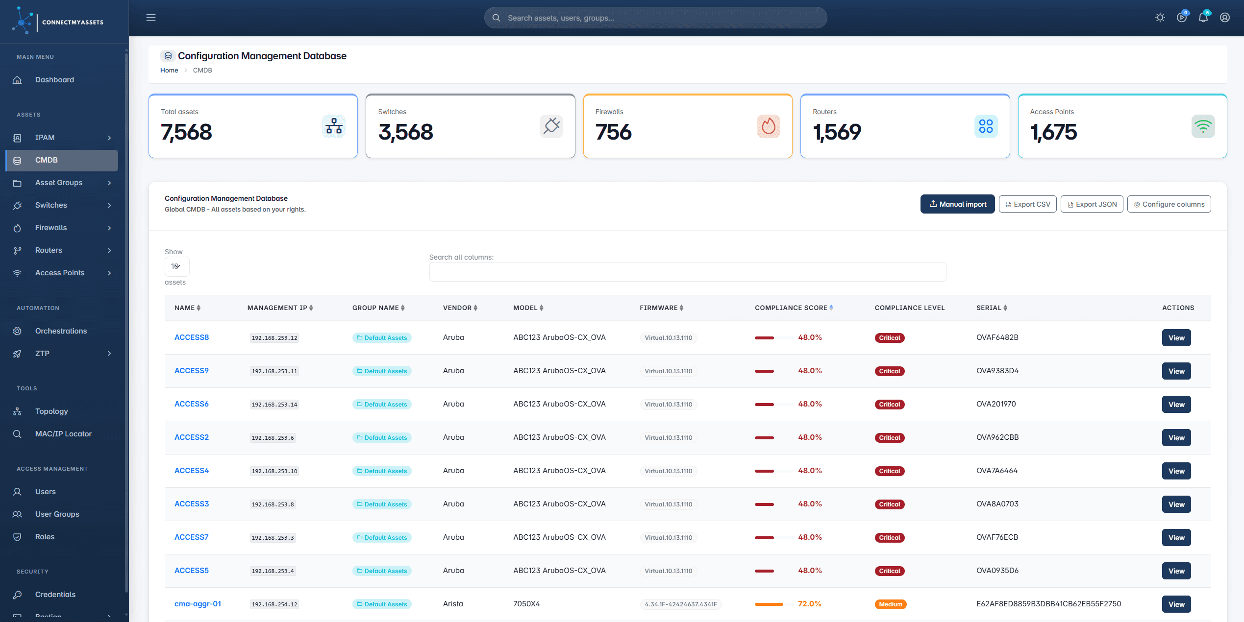 ConnectMyAssets CMDB, device inventory screenshot