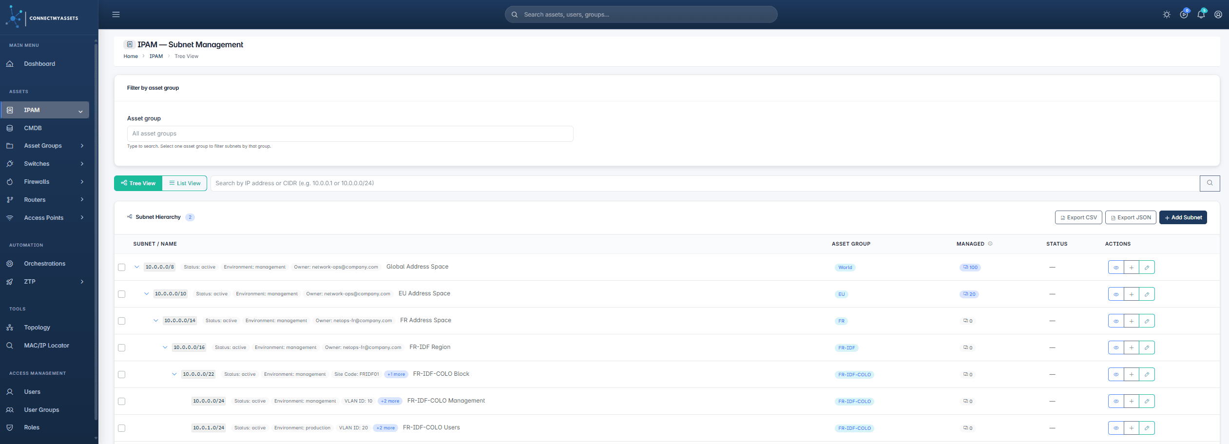 IPAM interface, CIDR tree and subnet utilization