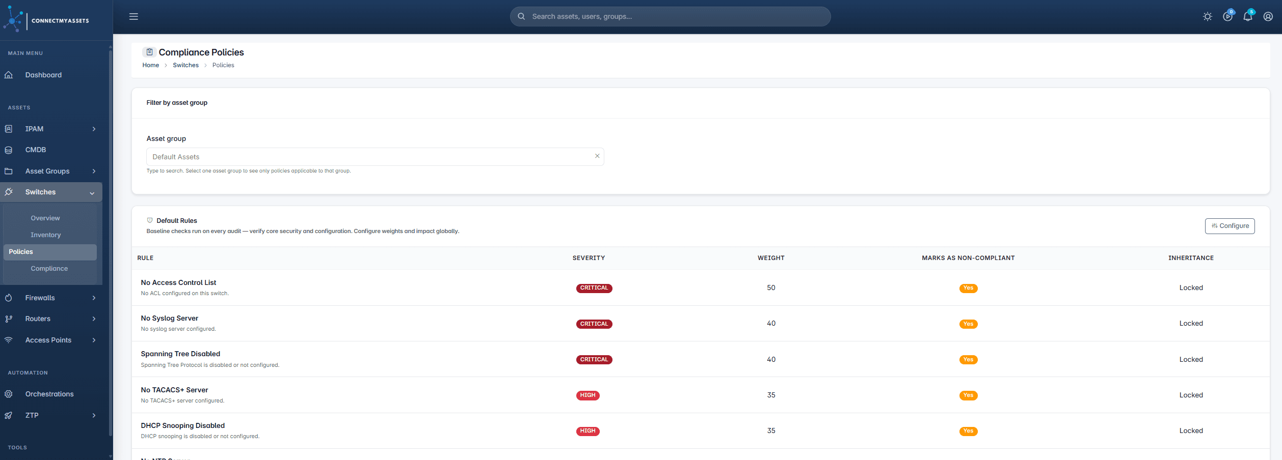 ConnectMyAssets, Switch compliance policies