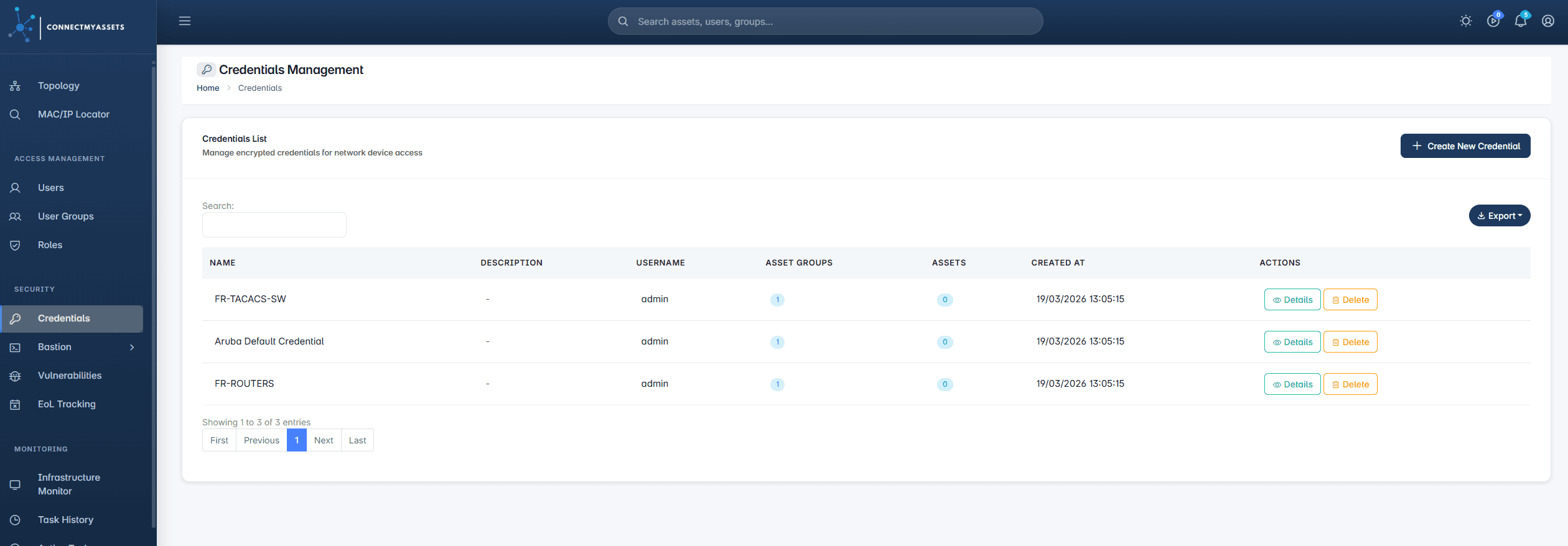 ConnectMyAssets Vault, credential store screenshot